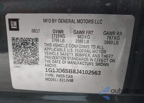 2018 Chevrolet Sonic Lt Auto z USA, uszkodzony, nr VIN 1G1JD6SB8J4102563